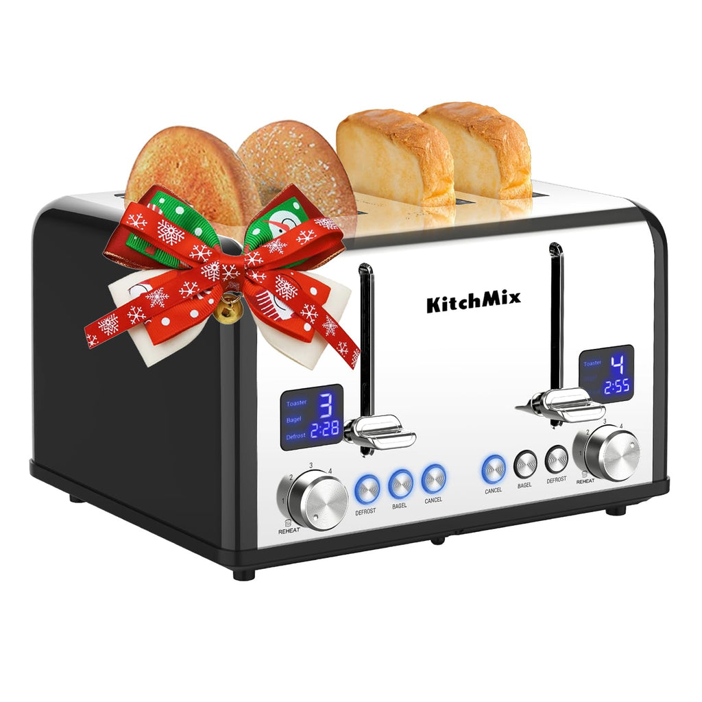 Toaster 4 Slice, KitchMix Bagel Stainless Toaster with LCD Timer, Extra Wide Slots, Dual Screen, Removal Crumb Tray (Black)