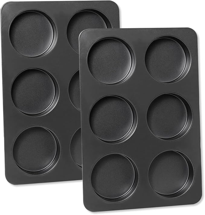 Elesinsoz 2 Pcs English Muffin Pans, 3.6 Inch Non-Stick 6 Cup Straight Side Cupcake Pan, Hamburger Bun Pan for Baking Muffin Egg Sandwich Frittata Cinnamon Roll (Lid NOT Included)