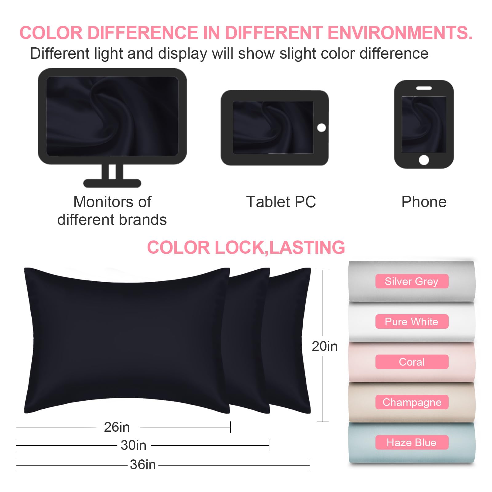 LYSHIN Silk Pillow Cases King Size with Hidden Zipper, Navy Blue