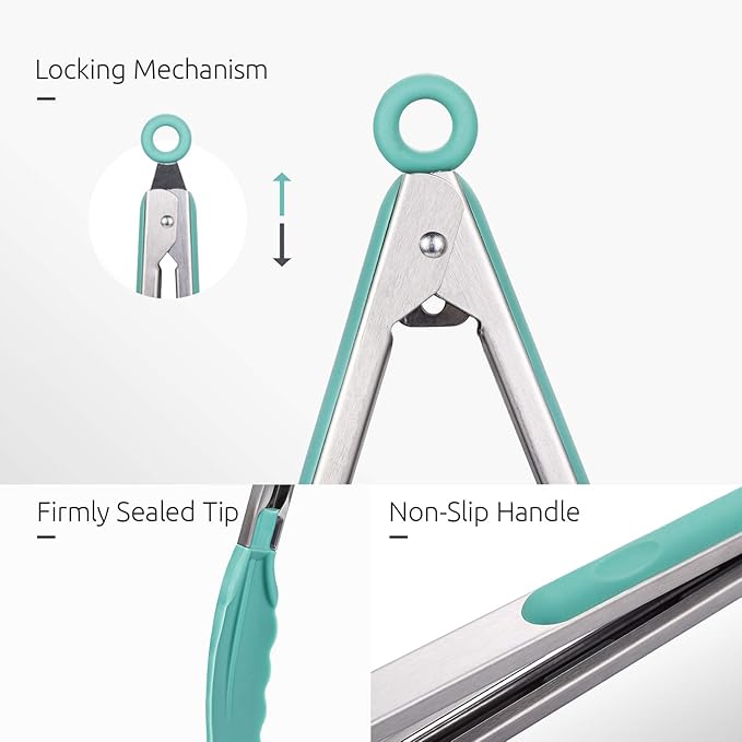 U-Taste Kitchen Tongs for Cooking, 600ºF Heat-Resistant Tps, 3Pcs/Aqua Sky