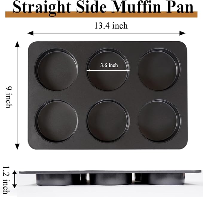 Elesinsoz 2 Pcs English Muffin Pans, 3.6 Inch Non-Stick 6 Cup Straight Side Cupcake Pan, Hamburger Bun Pan for Baking Muffin Egg Sandwich Frittata Cinnamon Roll (Lid NOT Included)