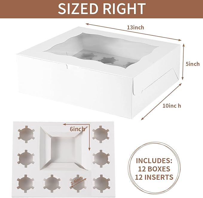 PFAMKEER Bento Cake Box With Cupcakes, Clear Window 9 Holes Bento Combination,12 Sets: Cookie Boxes Fit 8 Regular Cupcake and Mini Cakes, Christmas Wedding Birthday Party (White/clear, 1+8/12pcs)