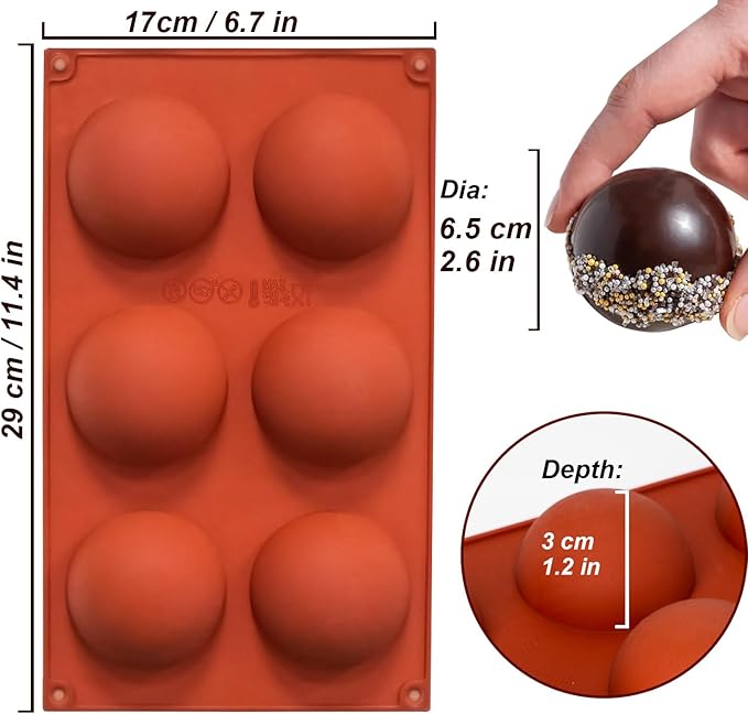 Lerykin 3 Pack Large 6-Cavity Semi Sphere Silicone Molds, Non-Stick Baking Mold for Making Standard Size Hot Chocolate Bomb, Cake, Jelly, Dome Mousse