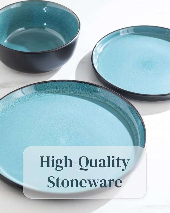 Stoneware Dinnerware Set for 4, 12 Piece Plates and Bowls Set - Handmade Reactive Glaze, Chip & Scratch Resistant Sets - Dishwasher Microwave Safe, Modern Kitchen Dinner Service in Dark Petrol Blue