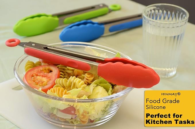 HINMAY 9" Kitchen Tongs with Silicone tips, Set of 3 (Red Blue Green)