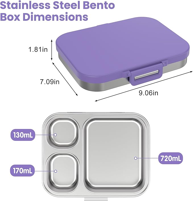 Pawtong Stainless Steel Bento Lunch Box for Kids | 3-Compartment Lunch Box Container Kids | 100% Leakproof, Eco-Friendly, Perfect Portion Control for Kids&Adult Healthy Meals (Purple)