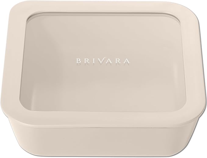 BRIVARA HOME Glass Food Storage Container with Lid, 5-Cup Medium Square | Microwave-Safe Airtight Lid, Oven-Safe Ceramic-Coated Glass | Zero Plastic, No PFAS/PFOA/BPA, Reusable [Crema]