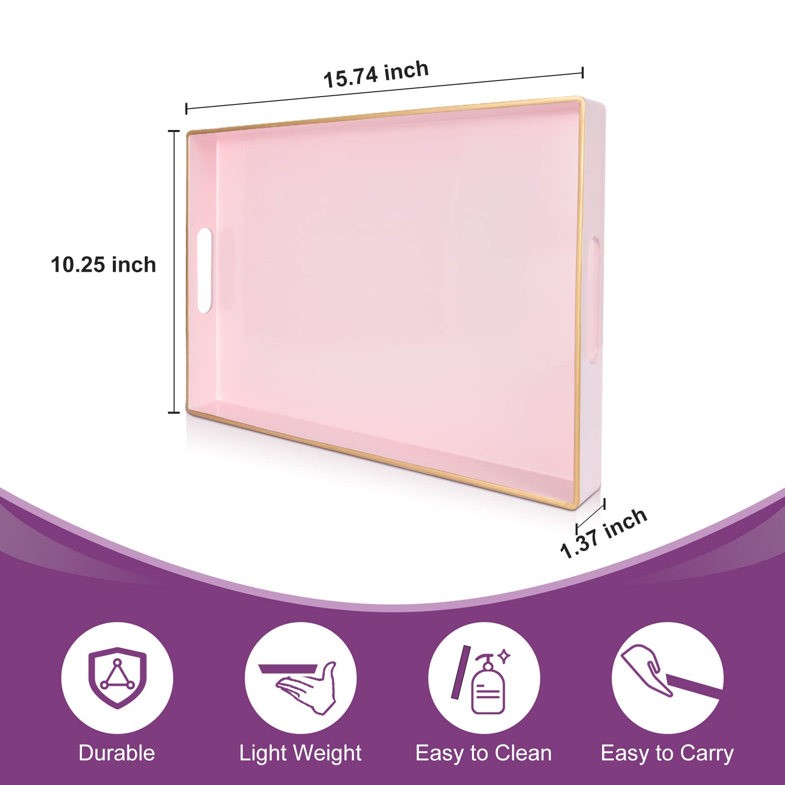 Gifturbo Pink Serving Trays,Decorative Serving Tray with Handles, Coffee Table Rectangular Trays Plastic Tray for Ottoman Bathroom,Living Room, 15.7” x 10.2” x1.37”