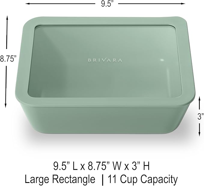 BRIVARA HOME Glass Food Storage Container with Lid, 11-Cup Large Rectangle | Microwave-Safe Airtight Lid, Oven-Safe Ceramic-Coated Glass | Zero Plastic, No PFAS/PFOA/BPA, Reusable [Willow]