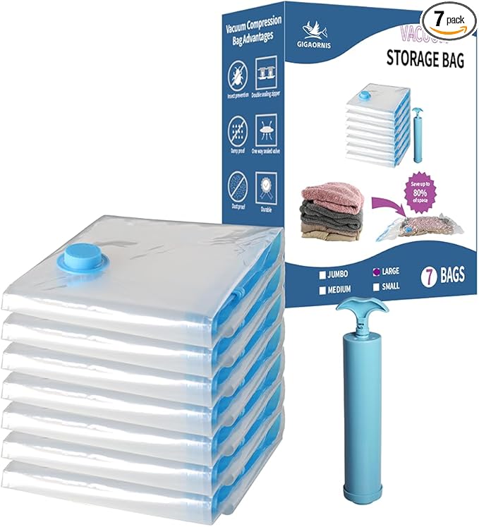 Vacuum Storage Bags Large 7 Pack Hand Pump, 80% Space Saver Vacuum Seal Bag