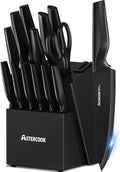 Astercook 15 Pieces Kitchen Knife Block Set with Sharpener, Black