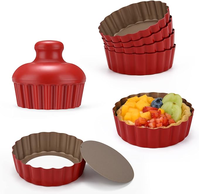 CGGYYZ 3-3/5 Inch Mini Tart Pans with Removable Bottoms, Round Mini Quiche Pans for Baking, Nonstick Cake Pans Set for Pies, Mousse Cakes, Dessert Baking (Red)