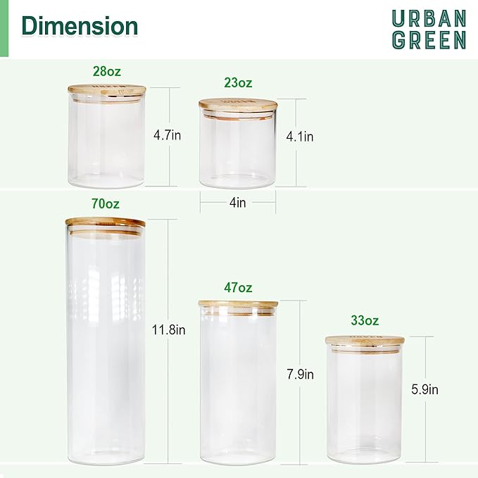 Urban Green Glass Jars with Airtight Lids, Airtight Glass Canisters with Locking Lids, (Bamboo-20oz-30oz)