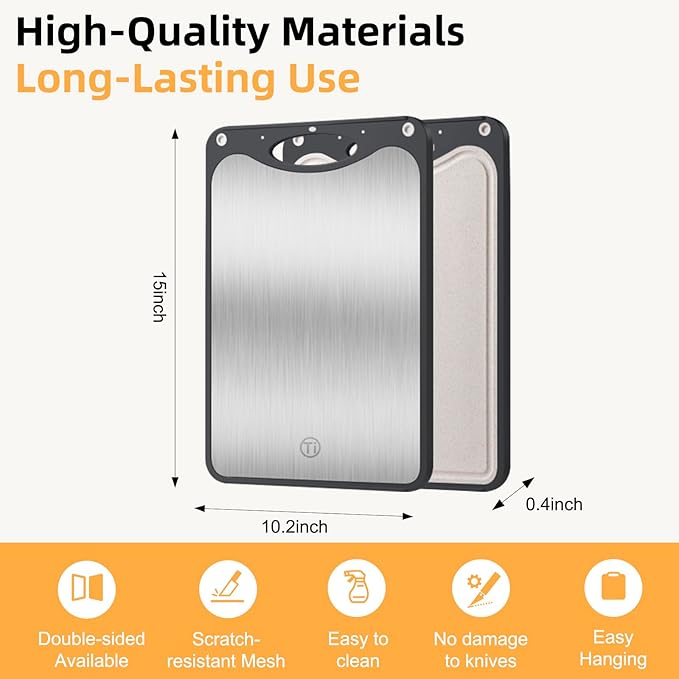 Pracfit Titanium Cutting Board for Kitchen 15.1"x10.4" - Double Sided Pure Titanium& Wheat Straw for Meat & Kitchen, FoodGrade, 2in1, Anti Slip, Juice Groove, Stain Resistant, Easy to Clean