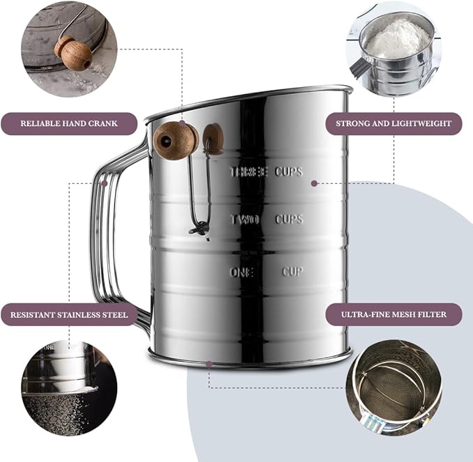Bellemain Stainless Steel Flour Sifter for Baking with Hand Crank - 3 Cup