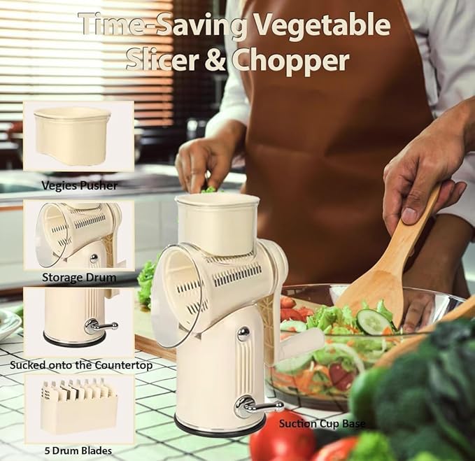 Chef Power's 5 in 1 Rotatory Cheese Grater - Premium Quality Hand Cheese Grater With Handle - Food Chopper for Kitchen - Beige