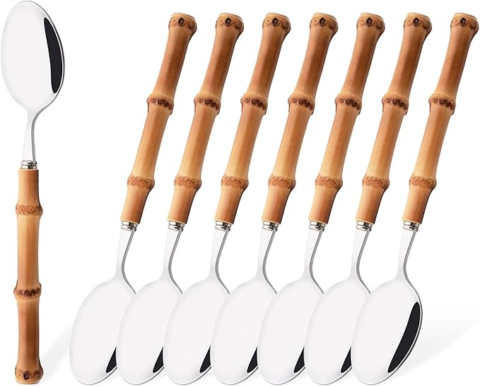 Uniturcky 8-Piece Bamboo Handle Dinner Spoon Set, Stainless Steel Spoons for Kitchen Home and Restaurant, Mirror Polished, 8.03 inch