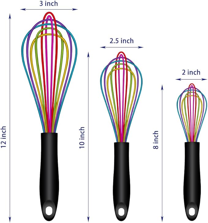 OYV Rainbow Silicone Whisk Set of 3, 8/10/12 Inch, Dishwasher Safe,Colorful