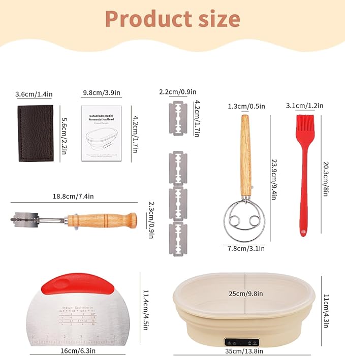 XPXKJ Heating Bread Proofing Basket Set Foldable Thermostatic Silicone Bowl with 77-122℉ 6 Gears Temperature & 6H Timer, Baking Sourdough Starter Bread Making Supplies Tools Kit (13.7×10.2×4.3'')