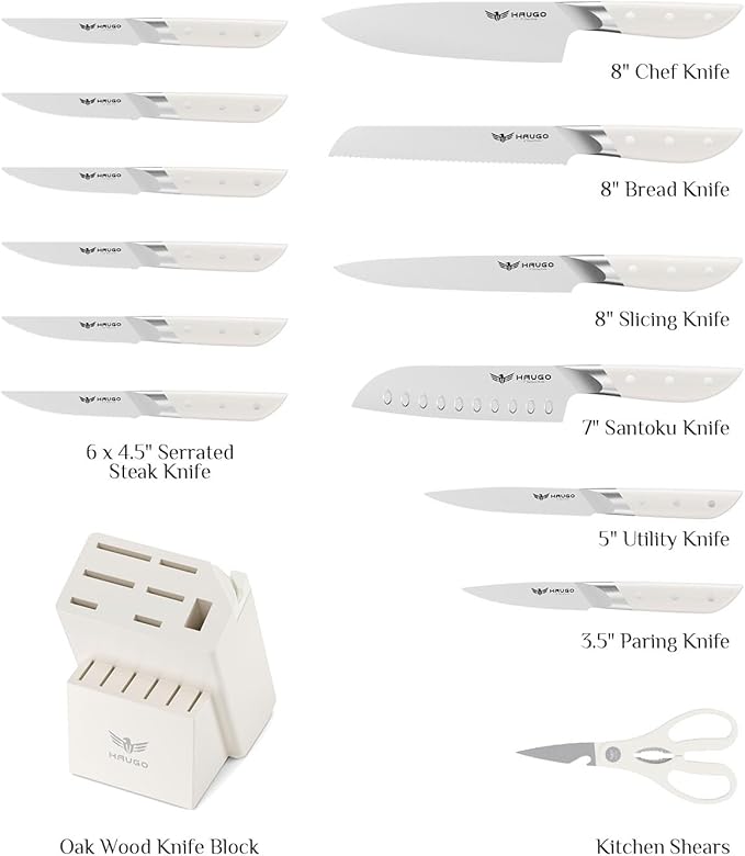 Haugo Kitchen Knife Set with Block: 14-Piece German Stainless Steel Full Tang Professional Knife - Comfortable Grip Reduces Hand Fatigue 30% - Dishwasher Safe & Sharpener - White Knife Set for Cooking