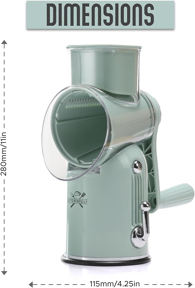 Kitchenvelly Rotary Cheese Grater Hand Crank, 5 in 1 Vegetable Slicer, Manual Cheese Shredder with Stainless Steel Blades, Food Grater for Cheese Vegetables Nuts, Suction Base, Easy Clean, Green