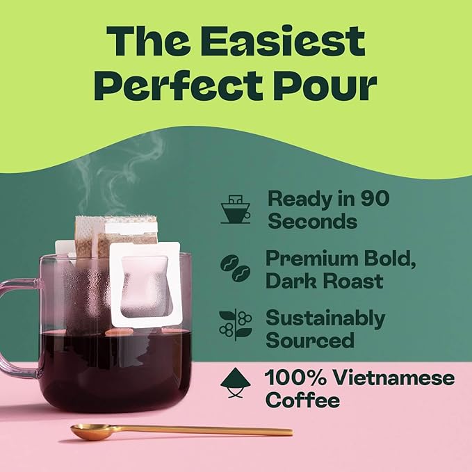 Copper Cow Coffee Premium Pour Over Single-Serve Vietnamese Coffee Pouches (24 pack) | Vanilla | Dark Roast | Flavored with Vanilla Beans | Convenient Vietnamese Ground Coffee Packets, Travel Friendly