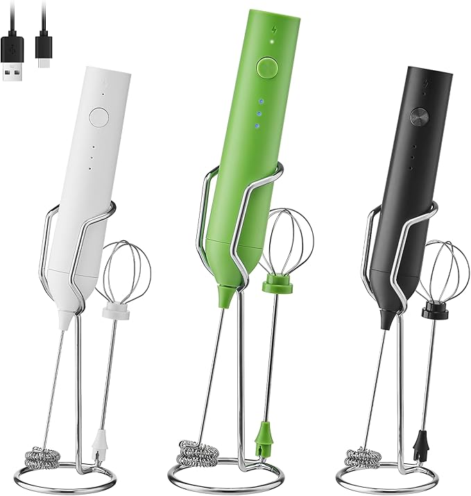 ELMWAY Rechargeable Milk Frother Set by ELMWAY, Electric Drink Blender with Wand and Egg Whisk, Foam Maker Mixer, Milk Frother Handled for Coffee, Latte, Matcha, Protein Powder (Green with Stand)