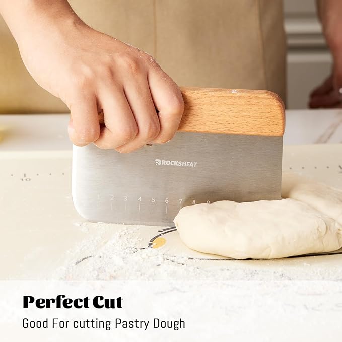 ROCKSHEAT Bench Scraper & Chopper, Stainless Steel Dough Cutter with Wooden Handle, Thick Sharp Blades Pizza Bread Cutter, Multipurpose Kitchen Tool for Baking Cooking