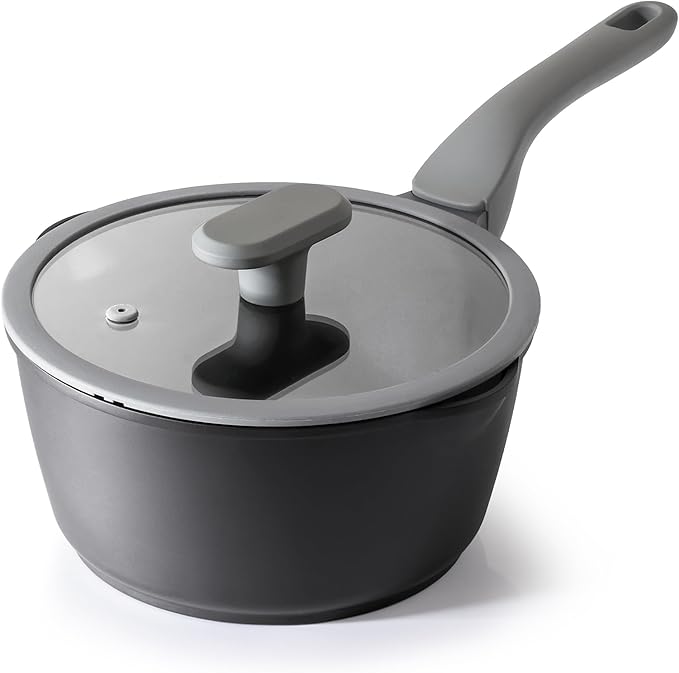 PRICUSIS Nonstick Saucepan with Lid, 2.7 Quart Non Toxic Pot with Pour Spouts, Full Coated, 100% Dishwasher Safe, Induction Compatible, PFOS & PFOA Free, Black Sesame
