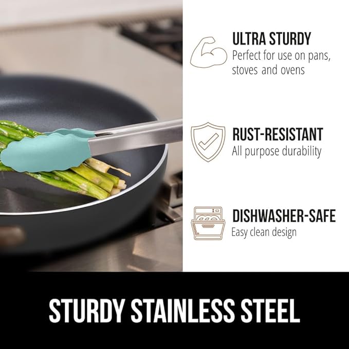 GORILLA GRIP Stainless Steel BPA-Free Kitchen Tongs for Cooking, Heat Resistant BBQ Tong Set of 2, Non Scratch Silicone Tip for Pan, Strong Grip, Grab Food, Toss Salad, Pull Lock, 7+9 Inch, Mint