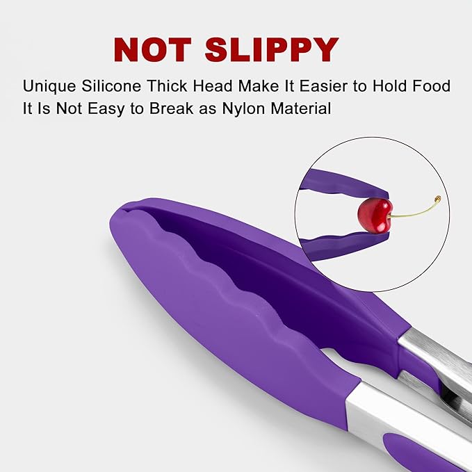 2 Pack Silicone Kitchen Tongs – 9" & 12" Set, Heat Resistant up to 500°F, Non‑Stick Cookware Safe, Wavy Silicone Tips, BPA Free, Locking Clip & Hanging Loop, Purple