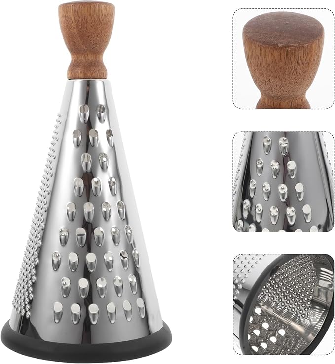 Cabilock Wooden Handle Cheese Grater Cone Shaped Manual Grater for Cheese Vegetables and Fruit Multifunctional Kitchen Utensil for Home Restaurant and Hotel Use
