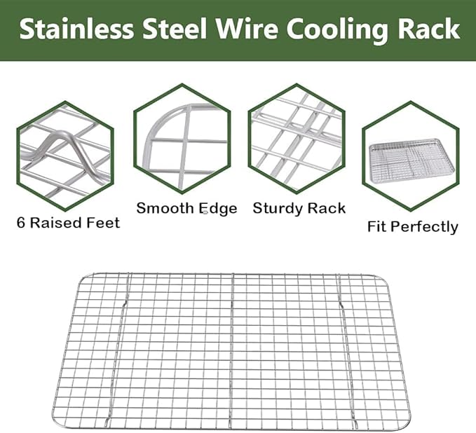 Half Baking Sheet Pan Cooling Rack Set, Stainless Steel 2 Pans + 2 Racks