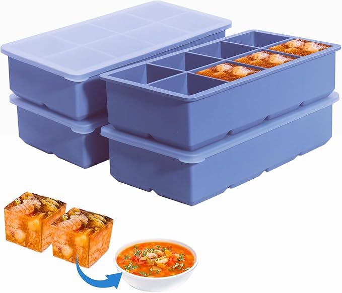 1/2 Cup Silicone Freezer Tray With Lid - Silicone Freezer Molds 4-Pack For meal prep & freezing of various sauces and other dishes, makes 32 perfect 1/2 cup portions cube (Blue 4 Pack)