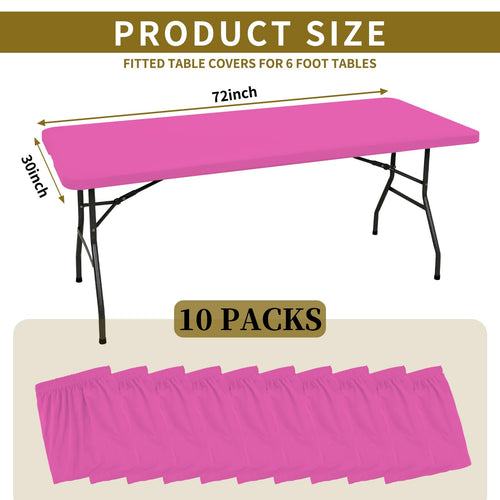 10 Pack Fitted Tablecloth for 6 Foot Rectangle Tables, Hot Pink Elastic Outdoor Picnic Table Cover, Washable Stretch Folding Table Cloths 6 ft for Camping Party Patio Kitchen Banquet, 30" W x 72" L