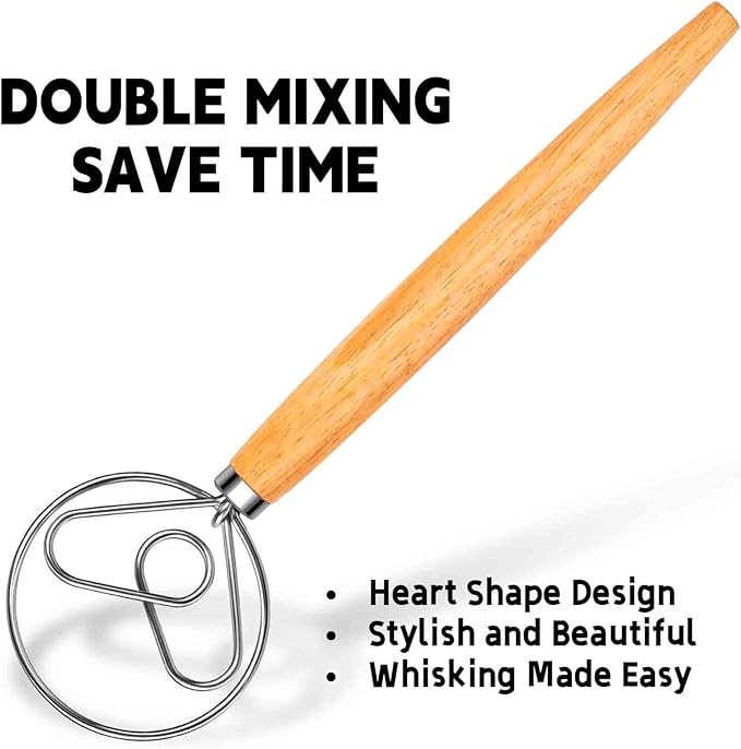 TEEVEA Danish Dough Whisk Wooden Handle Stainless Steel for Sourdough Bread
