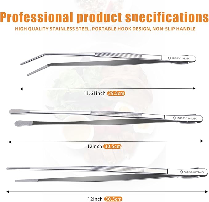 GBZCMJK 3 Pcs Kitchen Tweezers, 12-Inch Stainless Steel Cooking Tweezers, Professional Cooking Tongs, Long Food Tongs for Serving, Sea food, BBQ and Salads