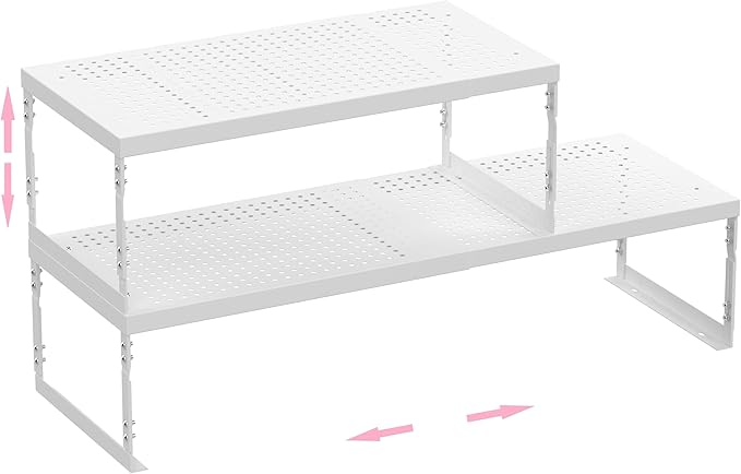Asiingkel Stackable Expandable Metal Shelf Organizer - Adjustable Wire Storage Rack with Holes for Kitchen, Bathroom, Cabinet, Office - Space Saving, Durable & Sturdy Design（2PACKS/Medium/White