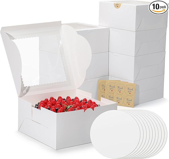 EQOREIIN 10Pack 10 inch Small Cake Boxes with Cake Board and Stickers