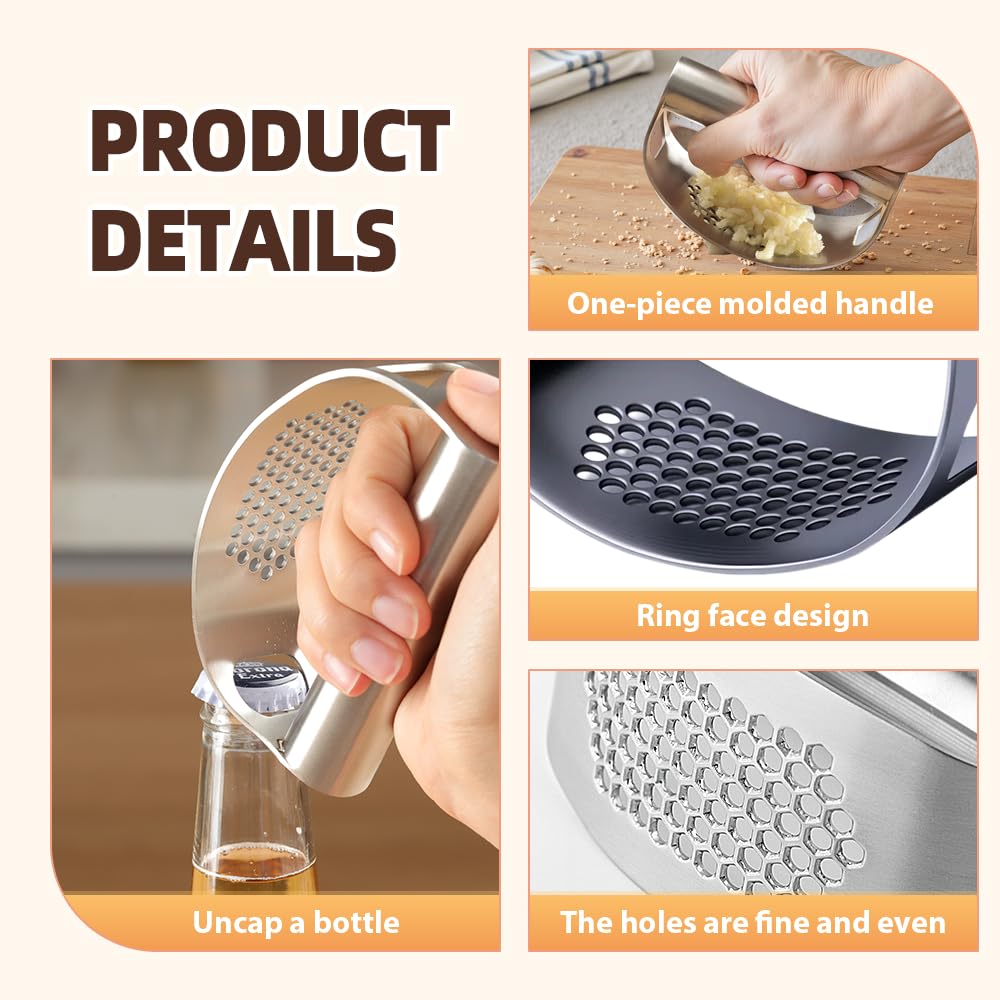 2026 New Garlic Press Rocker, Upgrade Garlic Press Stainless Steel, Portable Manual Stainless Steel Garlic Press Rocker, Innovative Garlic Crusher with Peeler and Scraper (3)
