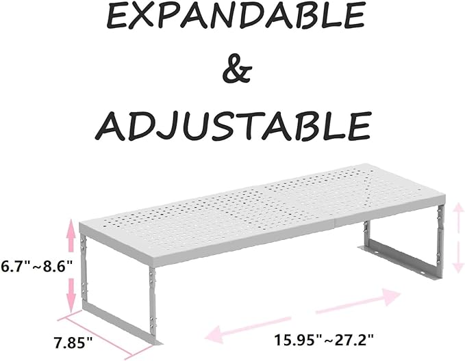 Asiingkel Stackable Expandable Metal Shelf Organizer - Adjustable Wire Storage Rack with Holes for Kitchen, Bathroom, Cabinet, Office - Space Saving, Durable & Sturdy Design（2PACKS/Medium/White