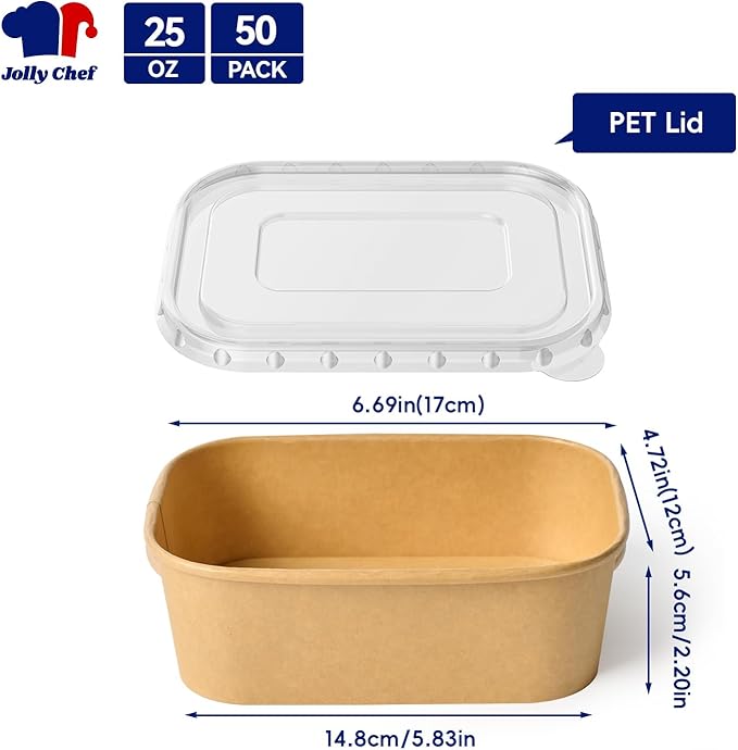 JOLLY CHEF 50 Pack Paper Food Container with Lid 25 oz Meal Prep Containers