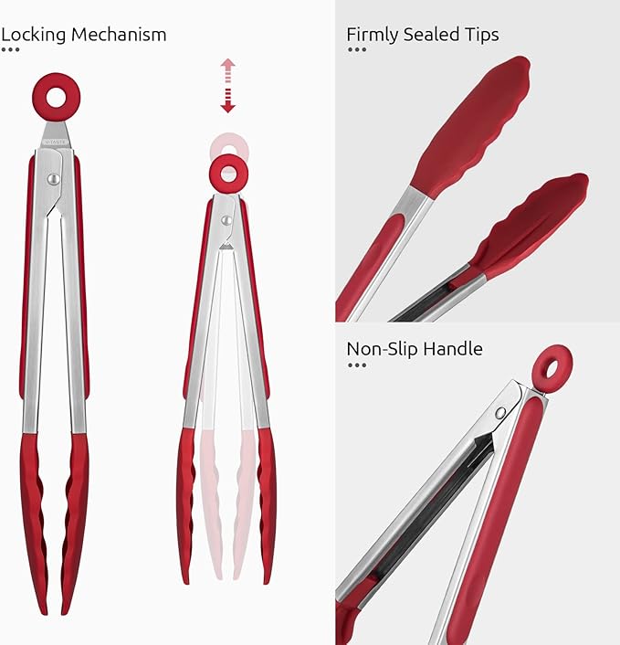 U-Taste Kitchen Tong for Cooking, 600ºF Heat-Resistant Silicone, 9in/Red