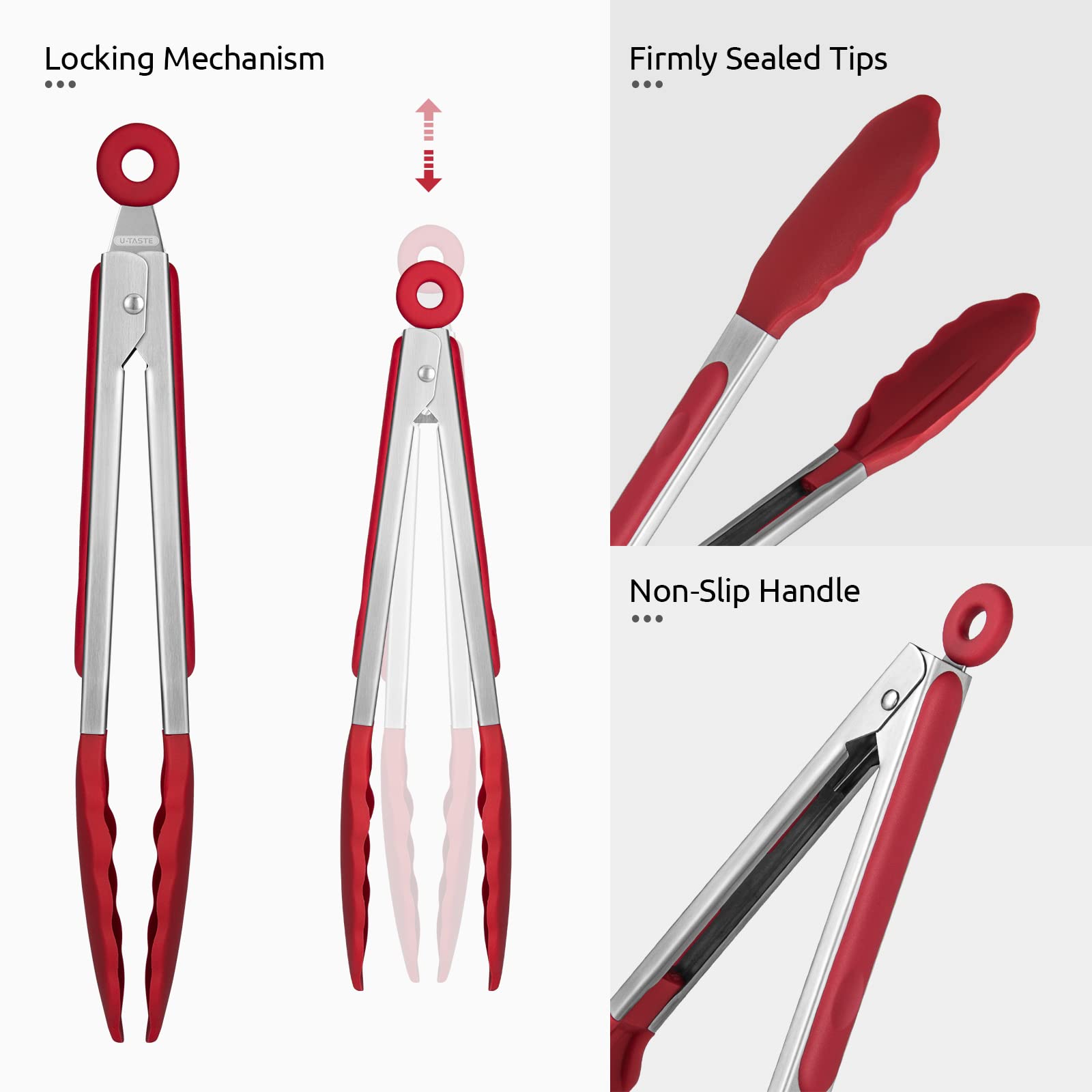 U-Taste Kitchen Tong for Cooking, 480ºF Heat-Resistant Silicone, 9in/Red