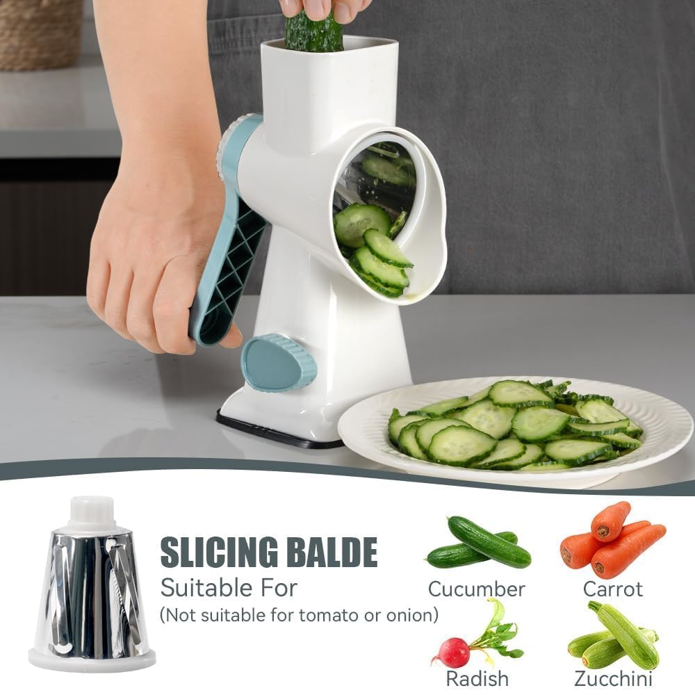 KEOUKE Rotary Cheese Grater Hand Crank White - Shredder Slicer Grinder 3 Stainless Steel Blades, Stable Suction, Labor-Saving Handle, Safe Kitchen Tool for Cheese, Vegetable, Nuts, Chocolate