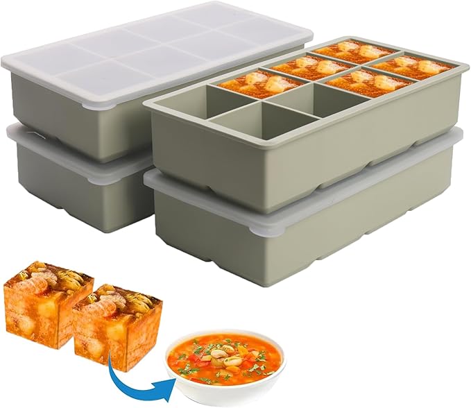1/2 Cup Silicone Freezer Tray With Lid - Silicone Freezer Molds 4-Pack For meal prep & freezing of various sauces and other dishes, makes 32 perfect 1/2 cup portions cube (Green 4 Pack)