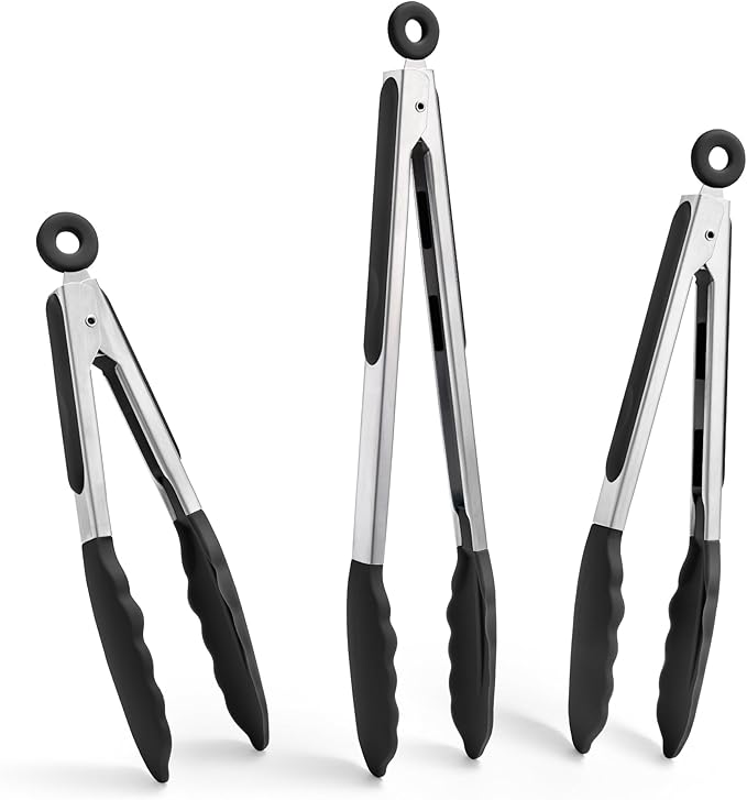 Doosu Kitchen Tongs with Silicone Tips for Cooking Serving (3Pcs, Black)