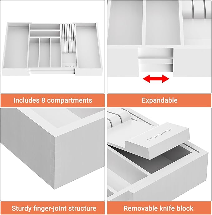 TIOPGHAD Expandable Bamboo Silverware Drawer Organizer Kitchen Tray, White