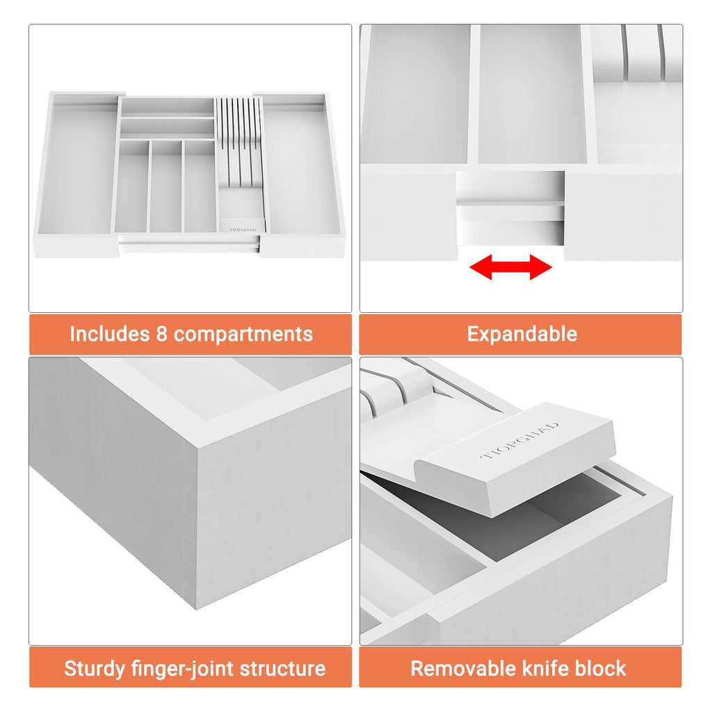 TIOPGHAD Expandable Bamboo Silverware Drawer Organizer Kitchen Tray, White