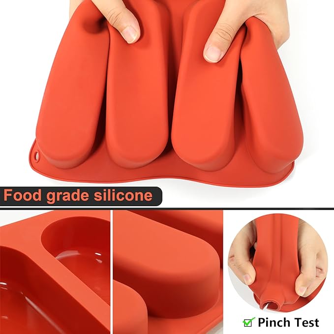 Webake 6 Inch Hot Dog Bun Pan, 2 Pack SIlicone Hotdog Bun Molds Nonstick Bread Forms, Mini Baguette Sandwich Baking Tray for Sub & hoagie roll